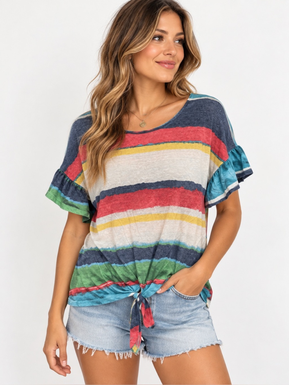 True Self Women's Striped Ruffle Sleeve Top Size Large